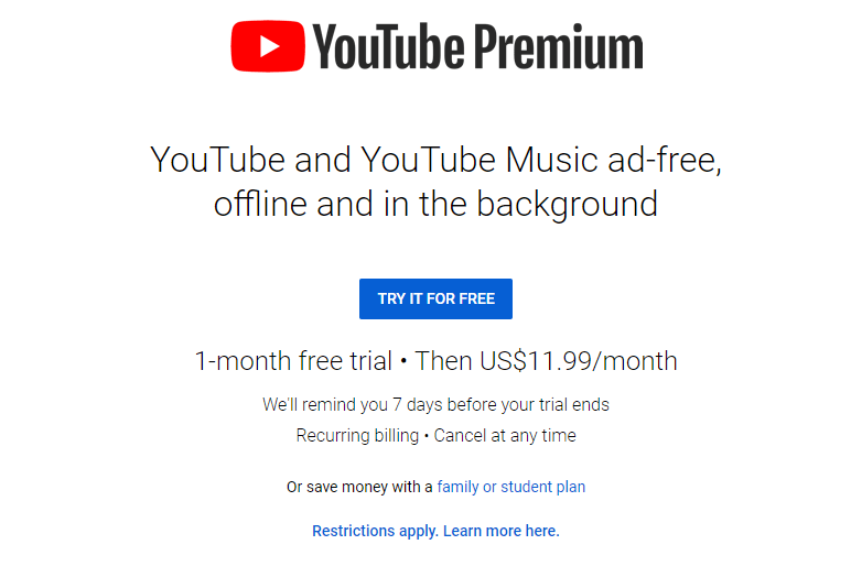 YouTube Premium Plans and Prices