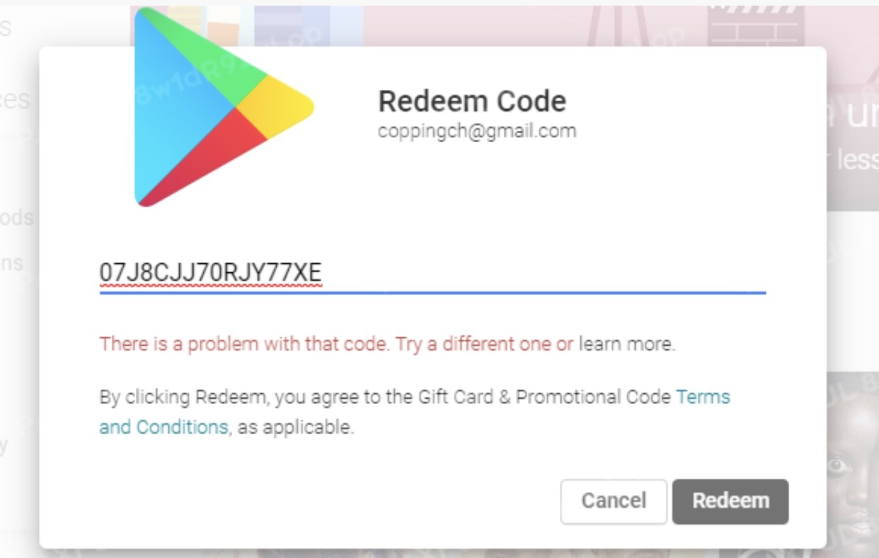 error redeeming google play code how