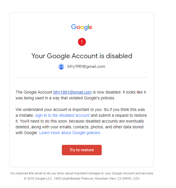 Tos violations google to account due deleted 