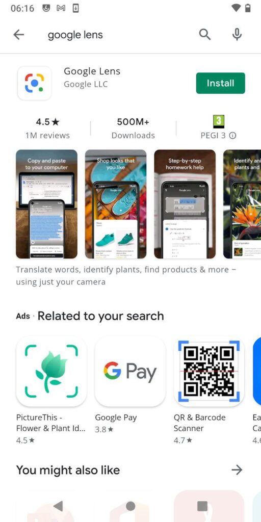 Google Lens on Playstore